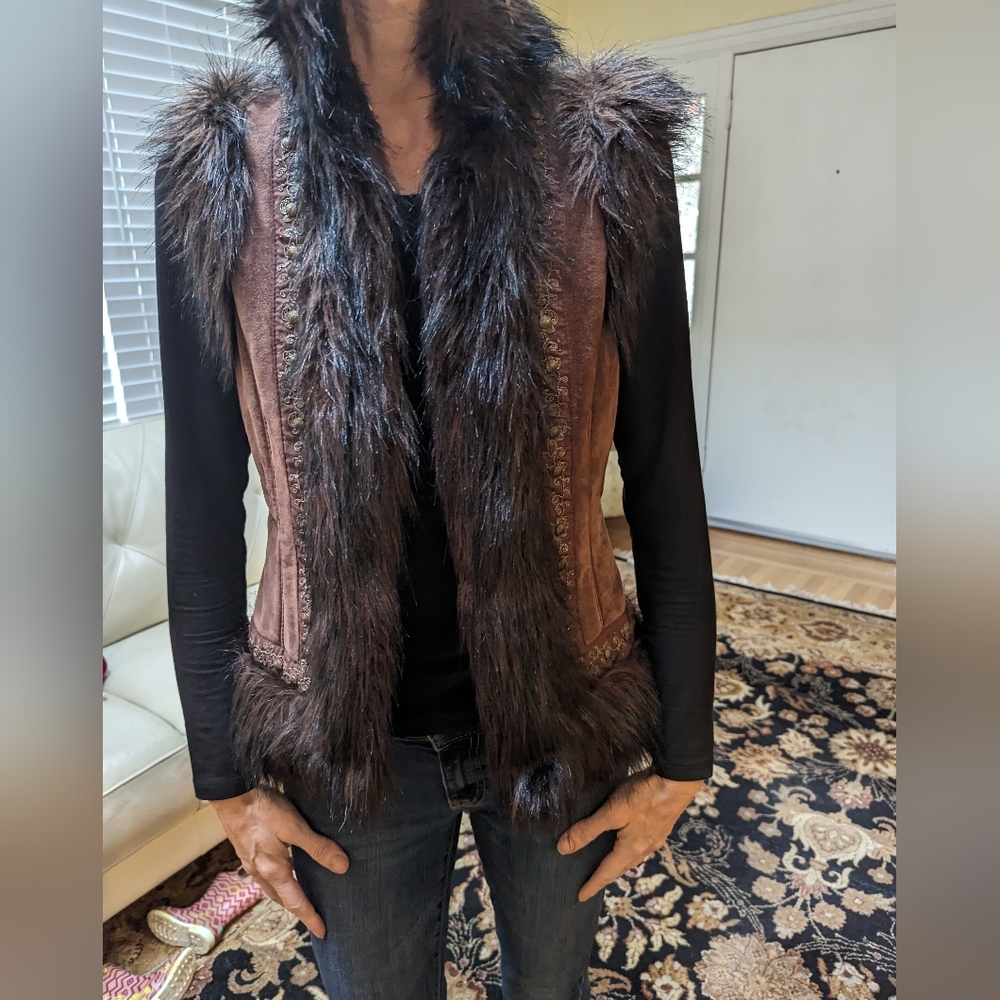 Leather faux fur rich brown vest sz S